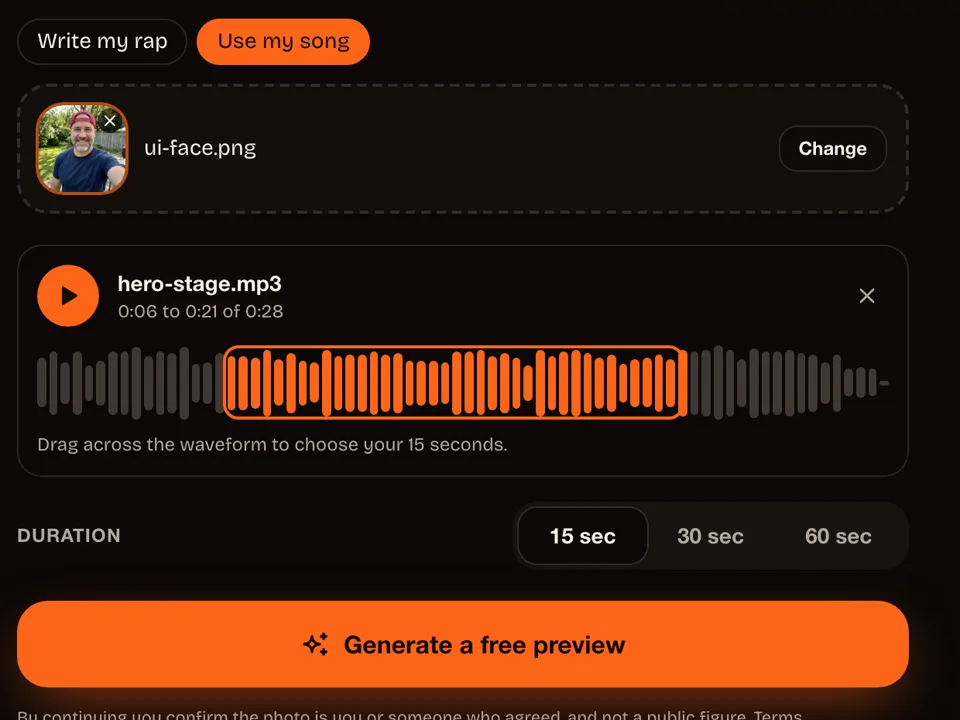 The Use my song tab with an uploaded track and the chosen 15 seconds on the waveform