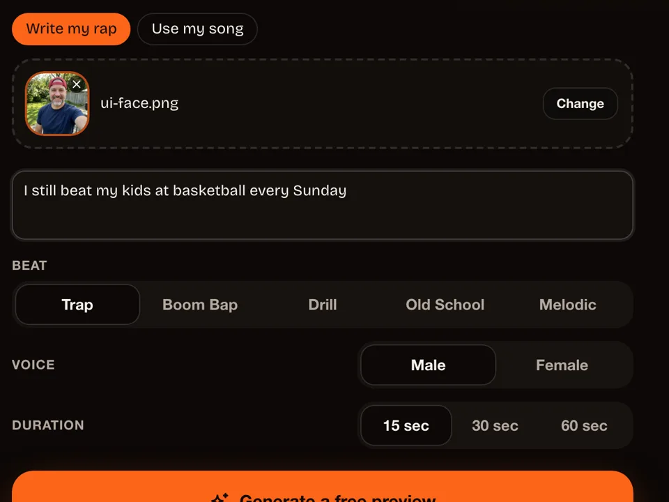 The Write my rap tab with a topic, beat, voice and length picked