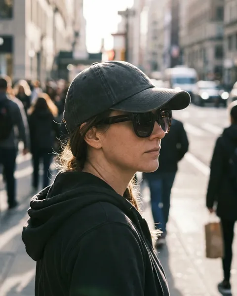 Woman in sunglasses and a cap, shot from the side